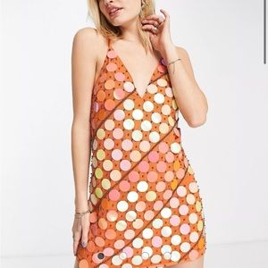 ASOS DESIGN embellished cami mini dress with disc sequin detail in orange Sz 14